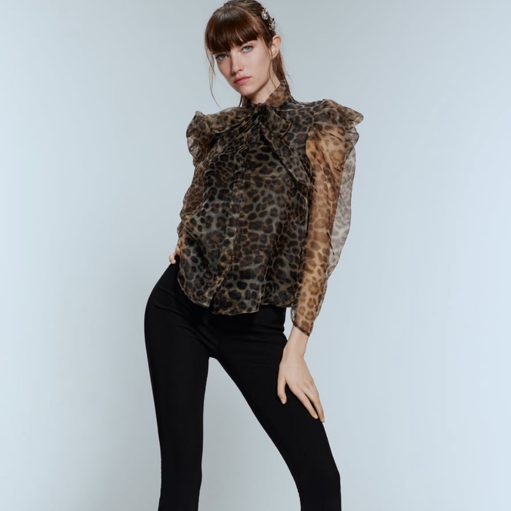 Zara Leopard Organza Bow Blouse